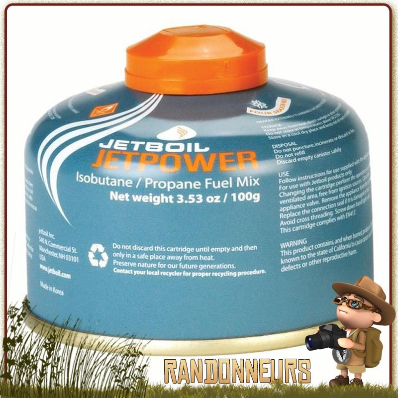 Cartouche Gaz JETBOIL JETPOWER 100g mélange de gaz composé de isobutane, propane et butane pour réchaud randonnée Cartouche Gaz JETBOIL JETPOWER 100g mélange de gaz composé de isobutane, propane et butane pour réchaud randonnée