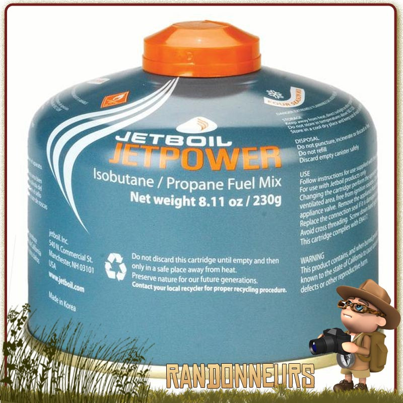 Cartouche de Gaz JETBOIL JETPOWER 230g mélange de gaz composé de isobutane, propane et butane pour réchaud randonnée Cartouche de Gaz JETBOIL JETPOWER 230g mélange de gaz composé de isobutane, propane et butane pour réchaud randonnée