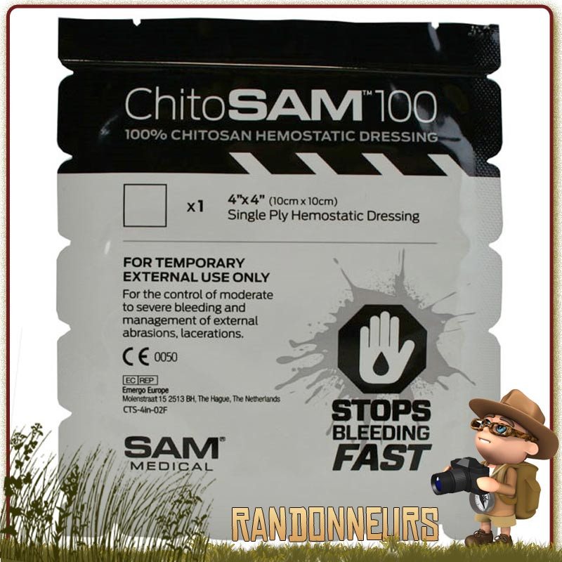 Compresse hémostatique 10x10 Chito SAM 100 sam medical accélère la coagulation du sang lors des premiers soins Compresse hémostatique 10x10 Chito SAM 100 sam medical accélère la coagulation du sang lors des premiers soins