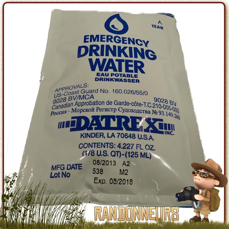 Ration Eau Potable Longue Conservation DATREX pour votre équipement de survie, kit de survie et Kit EDC Ration Eau Potable Longue Conservation DATREX pour votre équipement de survie, kit de survie et Kit EDC