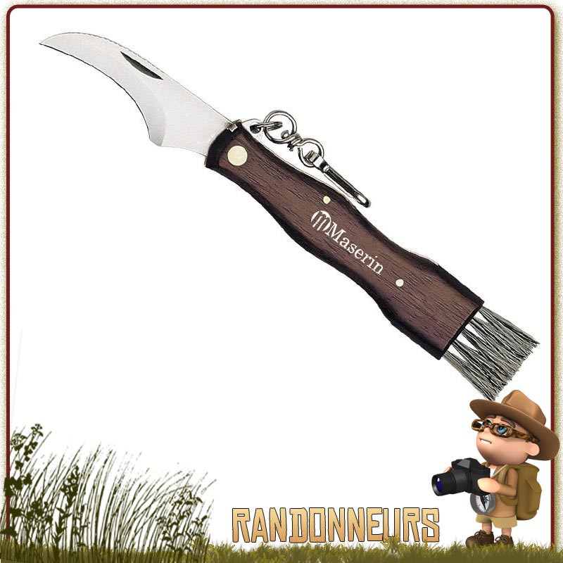 Couteau à champignons 6800 Maserin avec manche bois Noyer, lame fixe spéciale 6 cm courbée avec brosse Couteau à champignons 6800 Maserin avec manche bois Noyer, lame fixe spéciale 6 cm courbée avec brosse