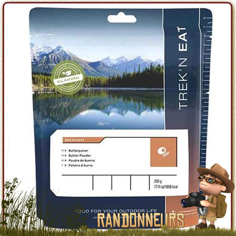 Beurre en Poudre Trek'n Eat lyophilisé, rapide à préparer en versant simplement de l'eau chaude (ou froide). Beurre en Poudre Trek'n Eat lyophilisé, rapide à préparer en versant simplement de l'eau chaude (ou froide).