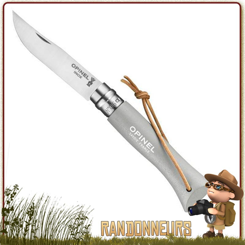 Couteau fermant Opinel 6 VRI manche en bois de charme vernis Gris Nuage de 9.3 cm avec lacet cuir Couteau fermant Opinel 6 VRI manche en bois de charme vernis Gris Nuage de 9.3 cm avec lacet cuir