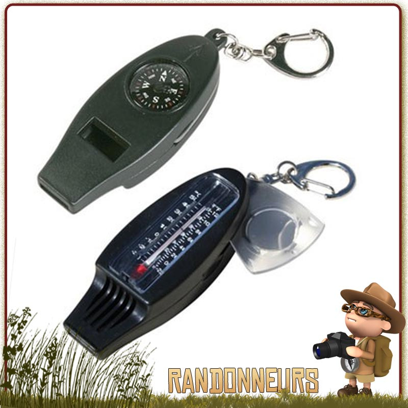 Sifflet de secours avec boussole, thermomètre et loupe. Le sifflet de secours peut faire office de porte clés Sifflet de secours avec boussole, thermomètre et loupe. Le sifflet de secours peut faire office de porte clés