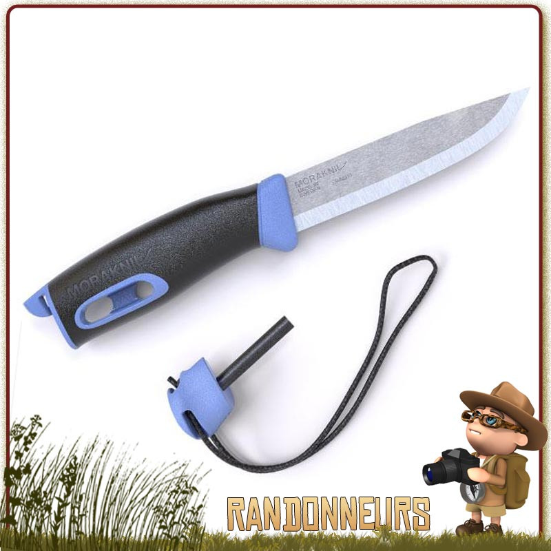 Couteau Mora Companion Spark Bleu, lame inox 10.5 cm avec manche gomme anti dérapant. Pierre à feu intégrée au manche Couteau Mora Companion Spark Bleu, lame inox 10.5 cm avec manche gomme anti dérapant. Pierre à feu intégrée au manche