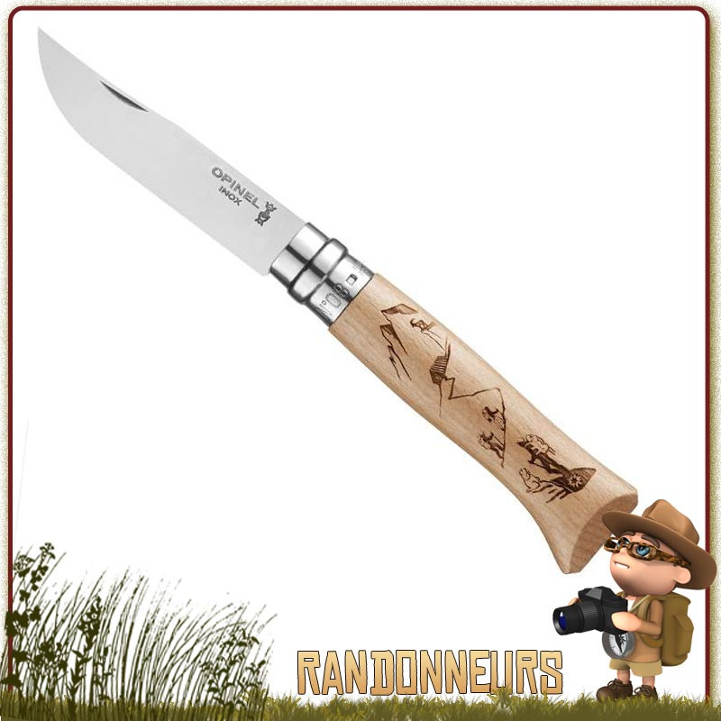 Couteau fermant Opinel Randonneur 8 VRI manche en bois de hêtre vernis de 11 cm avec marquage laser "Randonneur". Couteau fermant Opinel Randonneur 8 VRI manche en bois de hêtre vernis de 11 cm avec marquage laser "Randonneur".