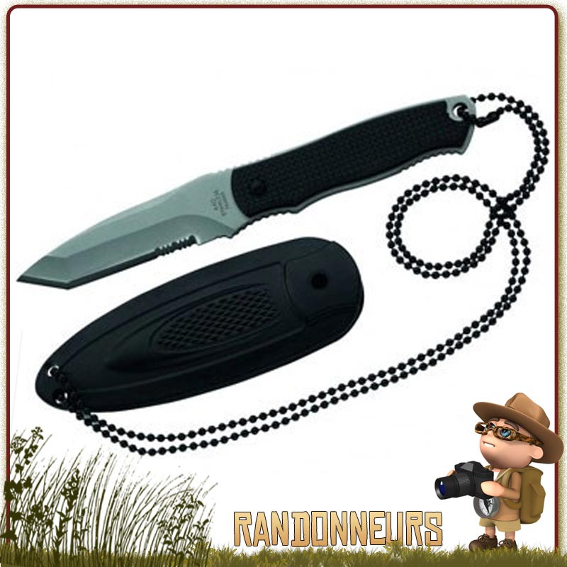 Couteau tour de cou Herbertz, lame Tanto 7 cm partiellement dentée en acier 420 chaine de portage tour de cou Couteau tour de cou Herbertz, lame Tanto 7 cm partiellement dentée en acier 420 chaine de portage tour de cou